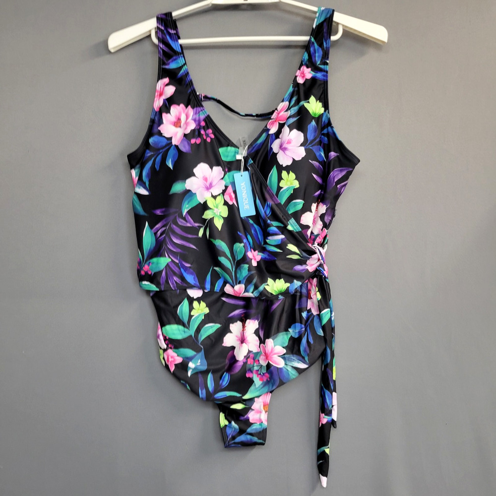 Yonique Swimsuit‎ Womens 22W Black Floral One Piece Adjustable Wrap Tie Tankini